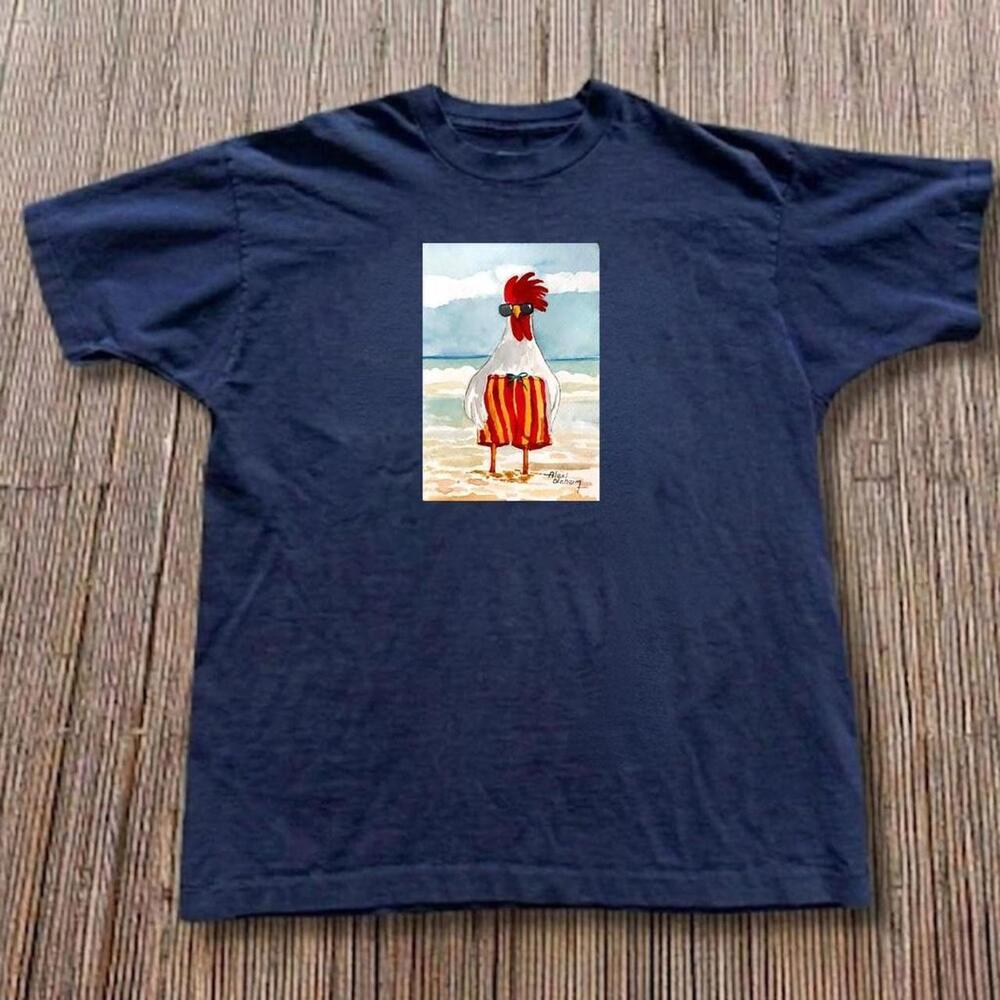 Navy Blue Graphic Tee With Cartoon Rooster In Red And Yellow Stripes